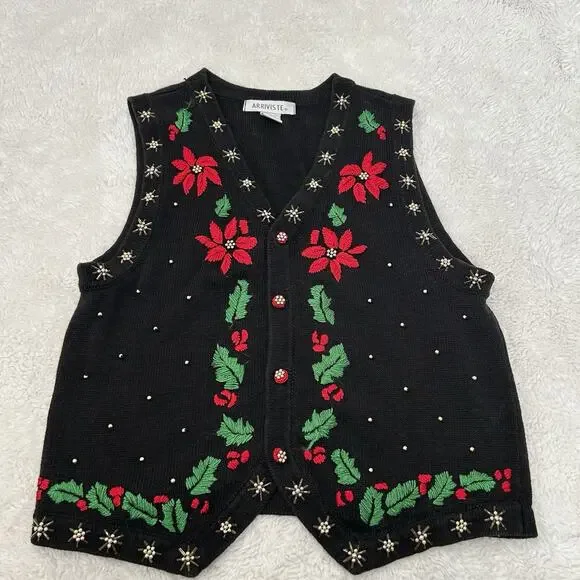 Arrivste Christmas Sweater Vest Women’s Mediu Black Cottagecore Grannycore Holly - Picture 1 of 5